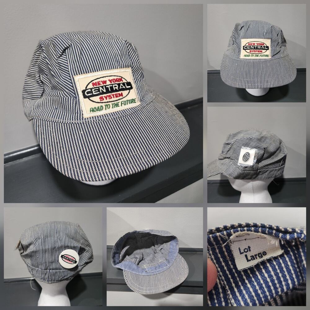 VTG New York Central‎ Railroad Train Conductor Hat Cap Mens L Large Pins Stripe